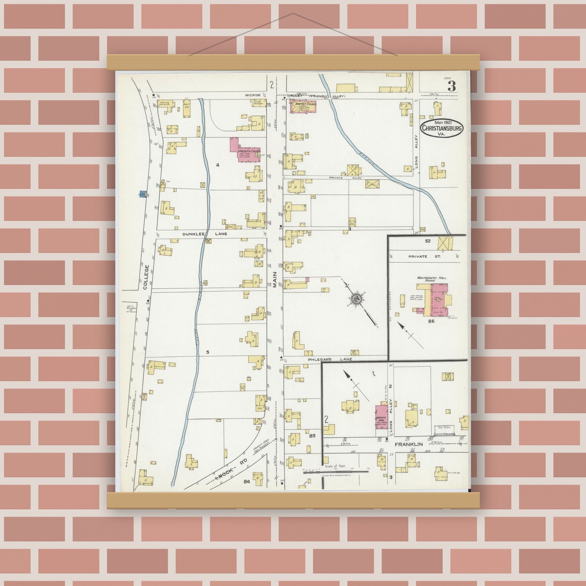Old map wall art mockup — magnetic wood frame on brick wall — Sanborn Fire Insurance Map from Christiansburg, Montgomery County, Virginia (1921), Sheet #0003