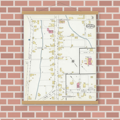 Old map wall art mockup — magnetic wood frame on brick wall — Sanborn Fire Insurance Map from Christiansburg, Montgomery County, Virginia (1921), Sheet #0003