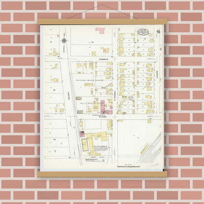Old map wall art mockup — magnetic wood frame on brick wall — Sanborn Fire Insurance Map from Urbana, Champaign County, Ohio (1910), Sheet #0006