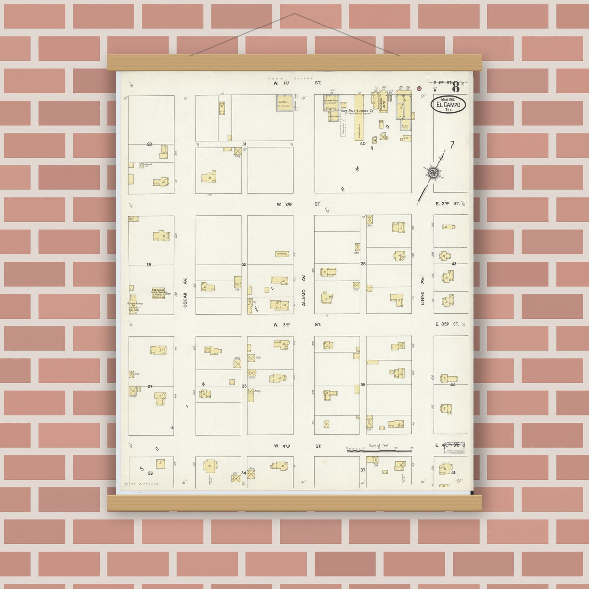 Old map wall art mockup — magnetic wood frame on brick wall — Sanborn Fire Insurance Map from El Campo, Wharton County, Texas (1912), Sheet #0008