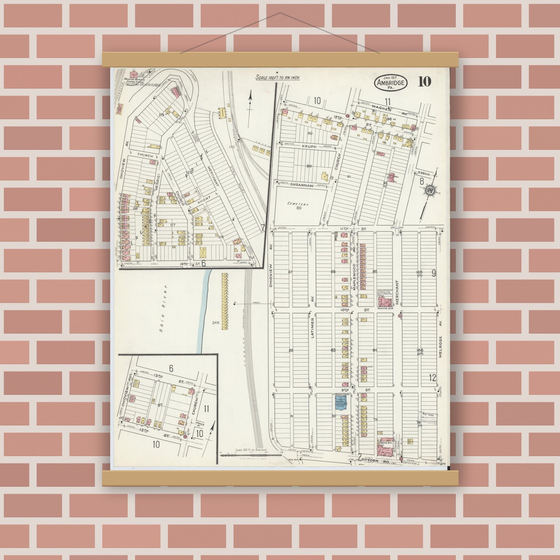 Old map wall art mockup — magnetic wood frame on brick wall — Sanborn Fire Insurance Map from Ambridge, Beaver County, Pennsylvania (1917), Sheet #0010