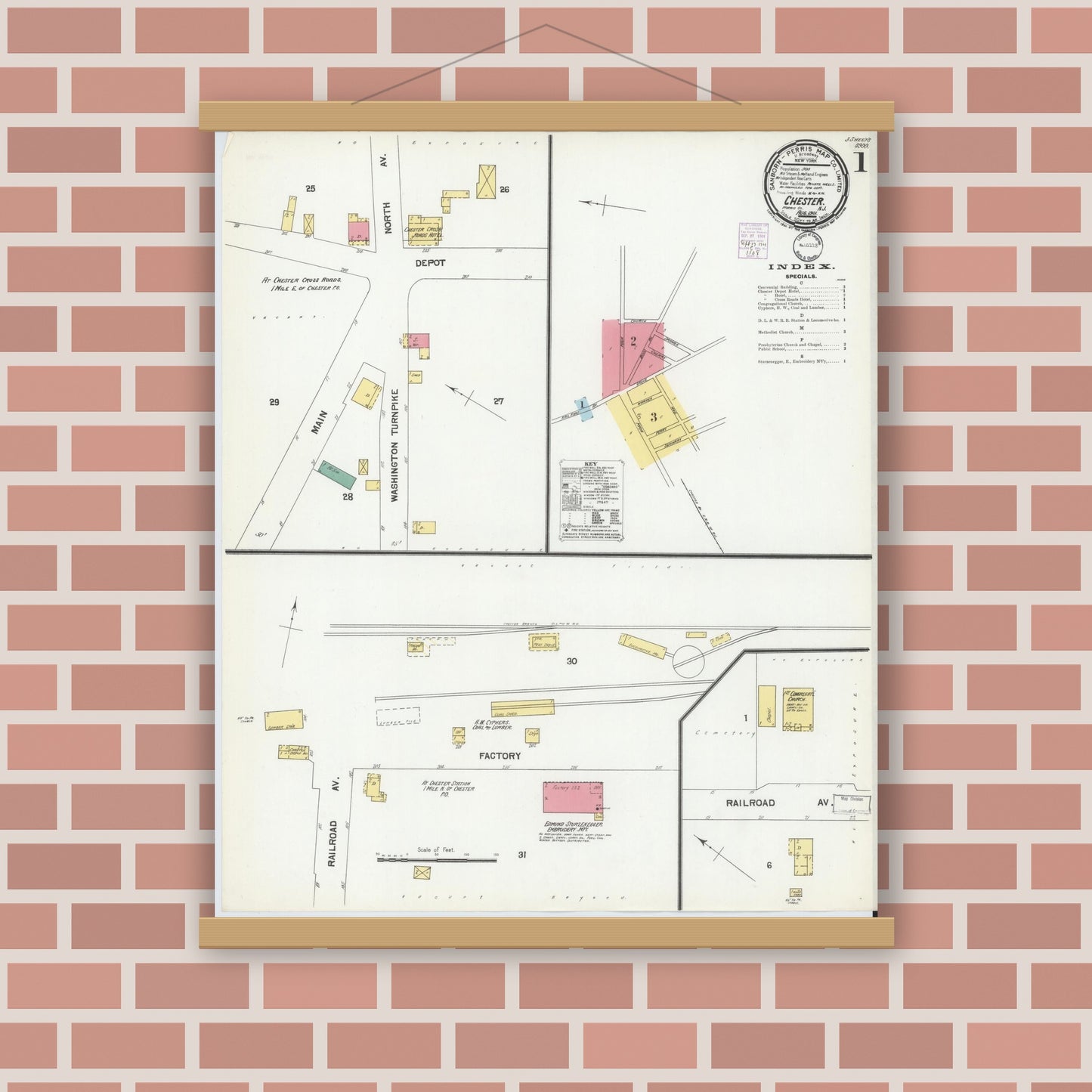 Old map wall art mockup — magnetic wood frame on brick wall — Sanborn Fire Insurance Map from Chester, Morris County, New Jersey (1901), Sheet #0001