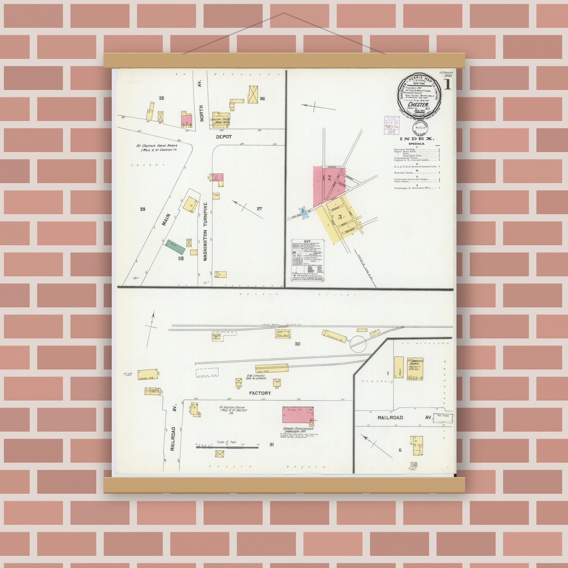 Old map wall art mockup — magnetic wood frame on brick wall — Sanborn Fire Insurance Map from Chester, Morris County, New Jersey (1901), Sheet #0001