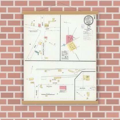 Old map wall art mockup — magnetic wood frame on brick wall — Sanborn Fire Insurance Map from Chester, Morris County, New Jersey (1901), Sheet #0001