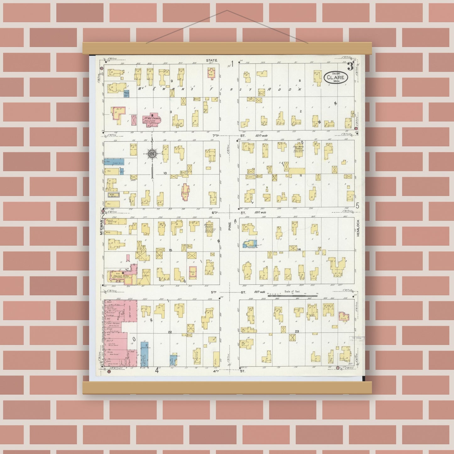Old map wall art mockup — magnetic wood frame on brick wall — Sanborn Fire Insurance Map from Clare, Clare County, Michigan (1910), Sheet #0003