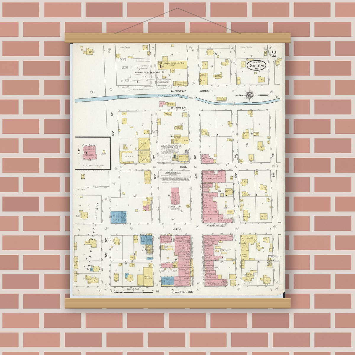 Old map wall art mockup — magnetic wood frame on brick wall — Sanborn Fire Insurance Map from Salem, Dent County, Missouri (1916), Sheet #0002