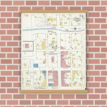 Old map wall art mockup — magnetic wood frame on brick wall — Sanborn Fire Insurance Map from Salem, Dent County, Missouri (1916), Sheet #0002