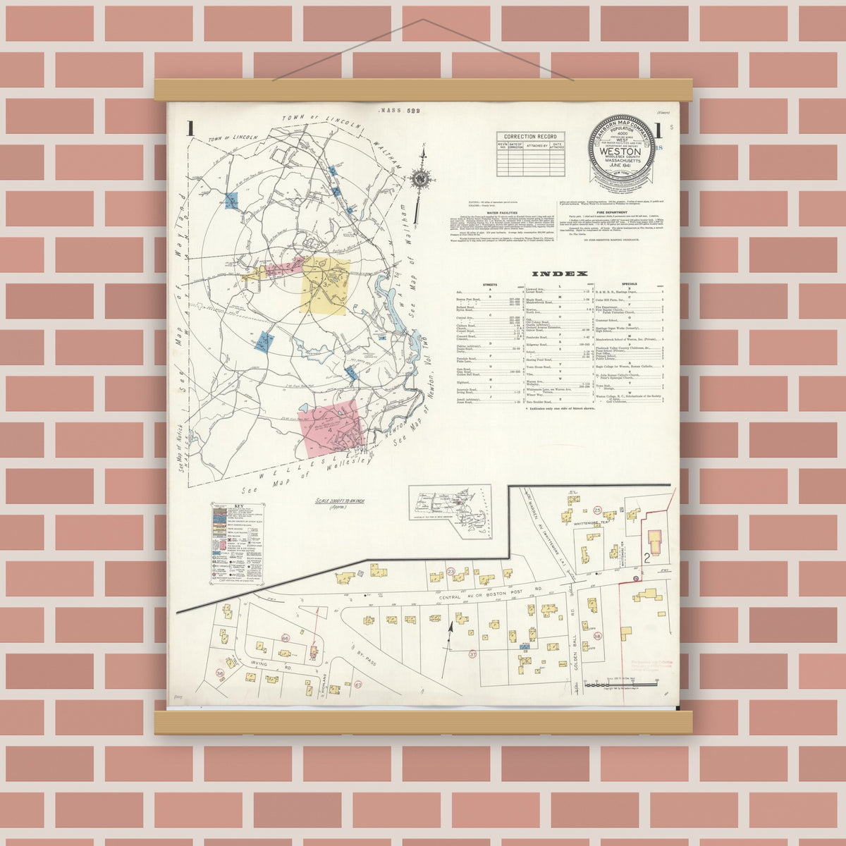 Old map wall art mockup — magnetic wood frame on brick wall — Sanborn Fire Insurance Map from Weston, Middlesex County, Massachusetts (1941) - Complete Map Set