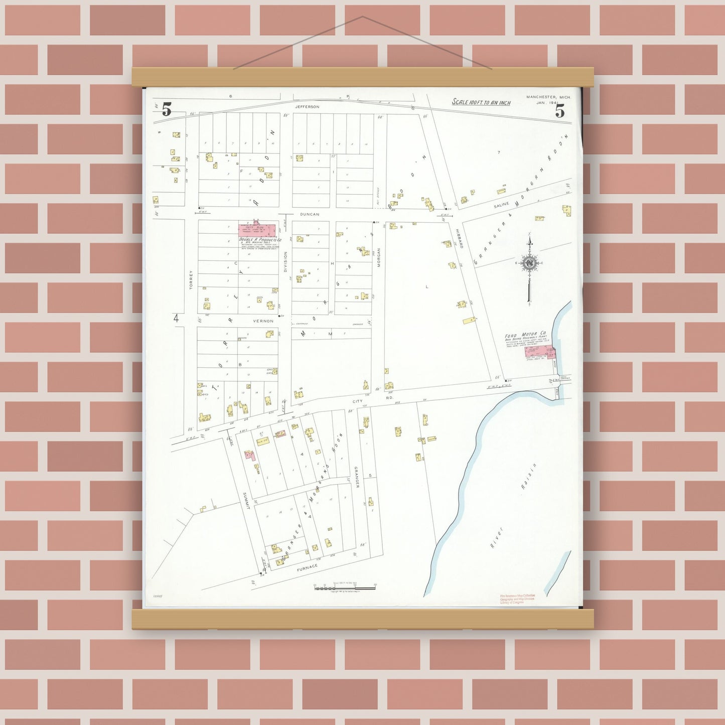 Old map wall art mockup — magnetic wood frame on brick wall — Sanborn Fire Insurance Map from Manchester, Washtenaw County, Michigan (1941), Sheet #0005
