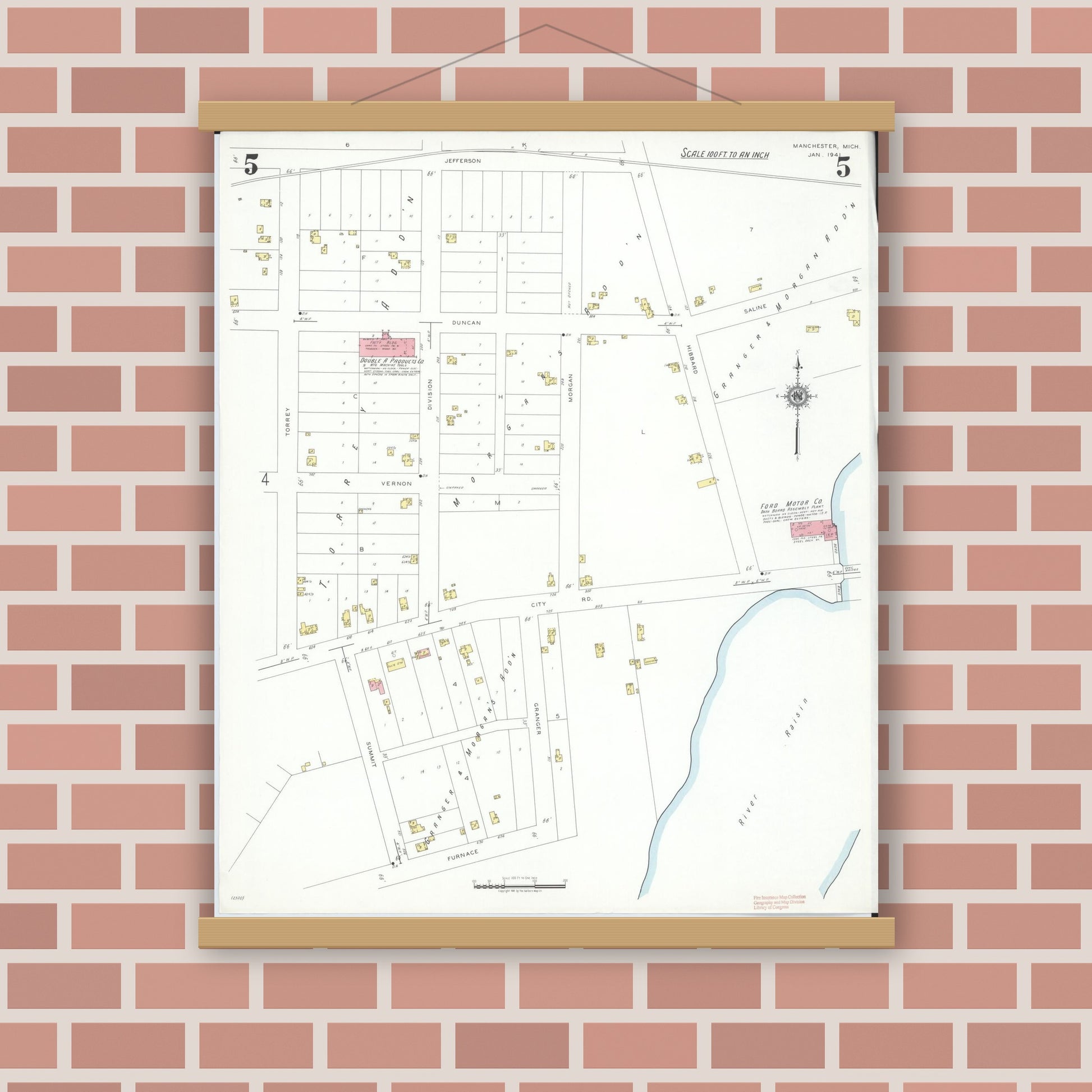 Old map wall art mockup — magnetic wood frame on brick wall — Sanborn Fire Insurance Map from Manchester, Washtenaw County, Michigan (1941), Sheet #0005