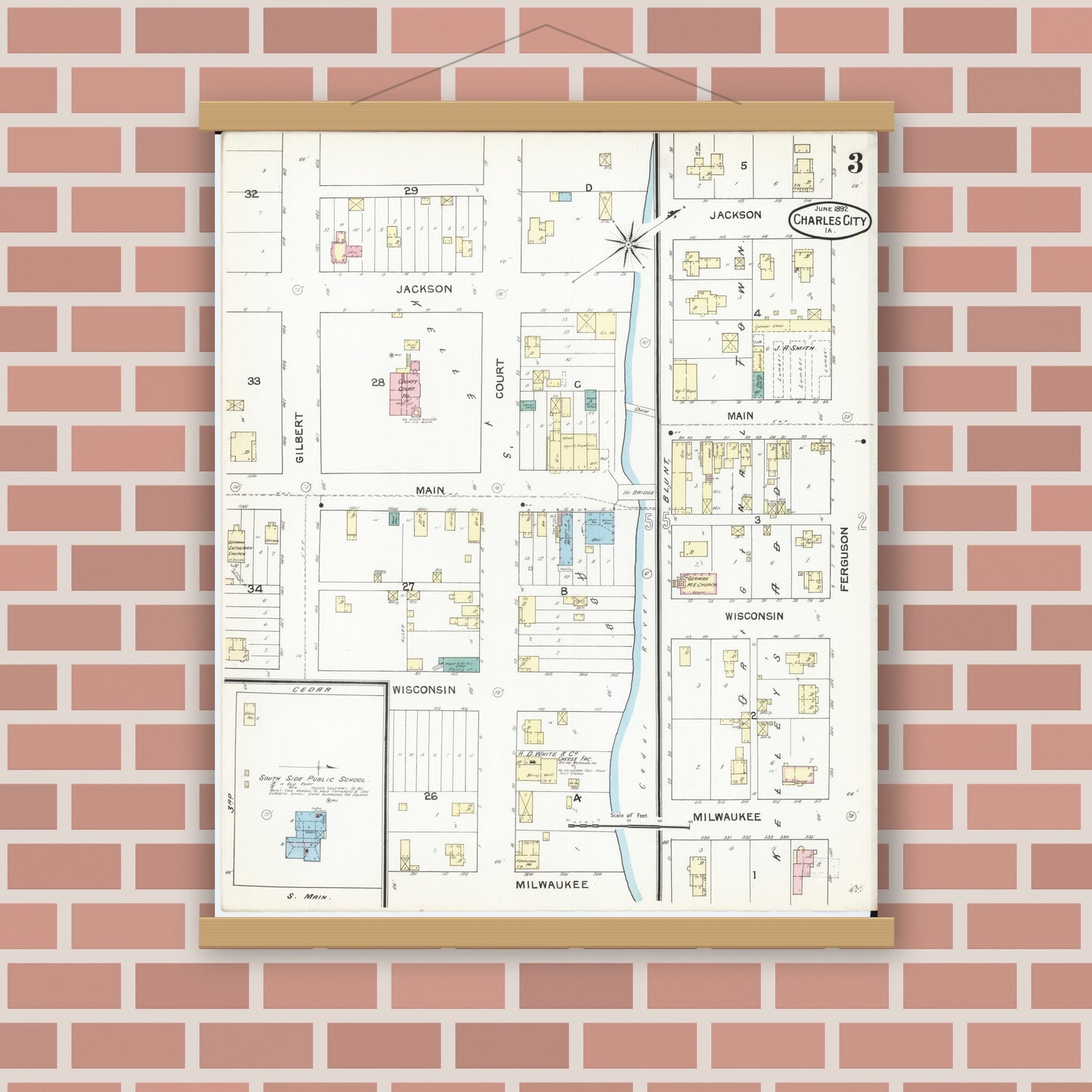 Old map wall art mockup — magnetic wood frame on brick wall — Sanborn Fire Insurance Map from Charles City, Floyd County, Iowa (1892), Sheet #0003