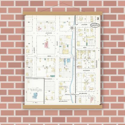 Old map wall art mockup — magnetic wood frame on brick wall — Sanborn Fire Insurance Map from Charles City, Floyd County, Iowa (1892), Sheet #0003