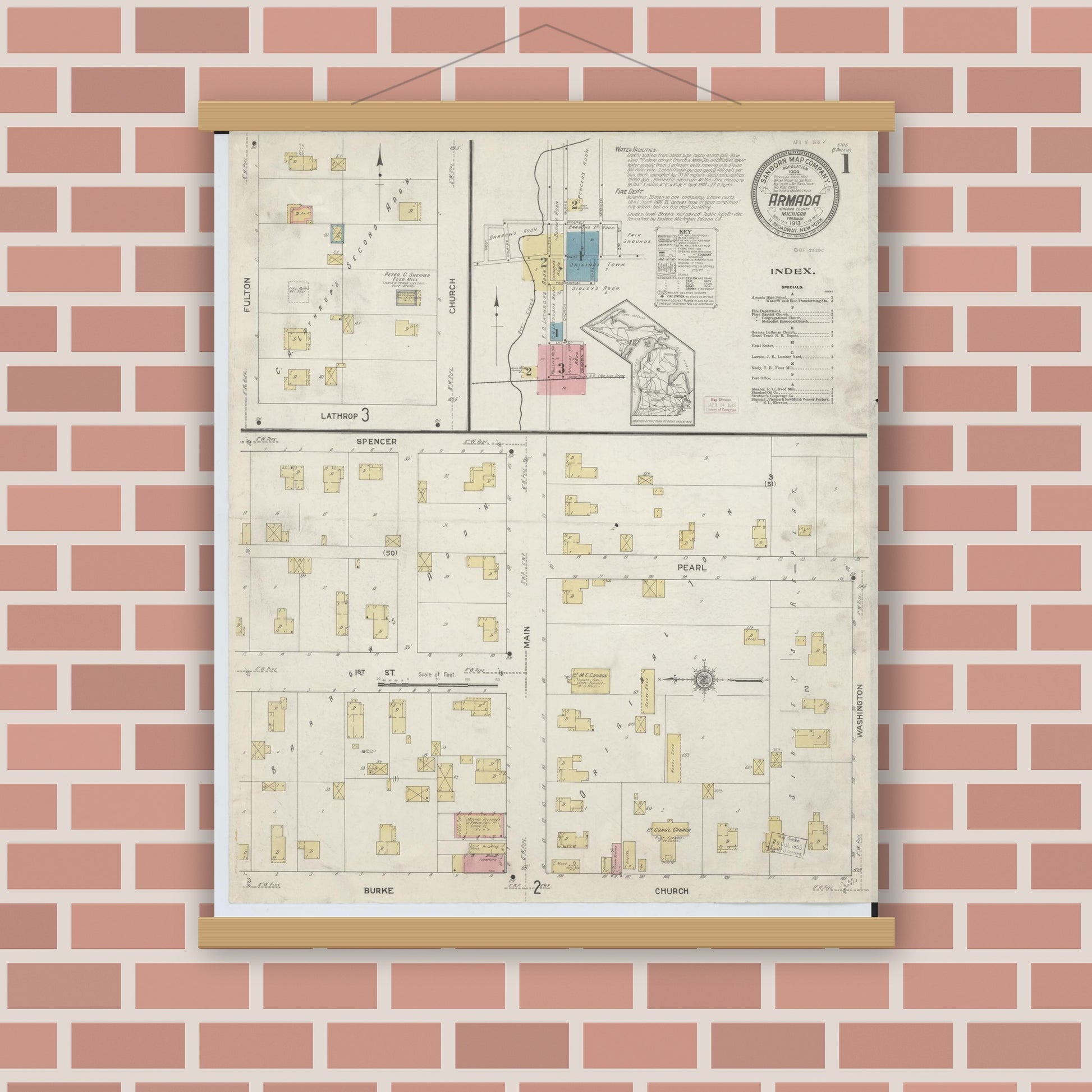 Old map wall art mockup — magnetic wood frame on brick wall — Sanborn Fire Insurance Map from Armada, Macomb County, Michigan (1913) - Complete Map Set