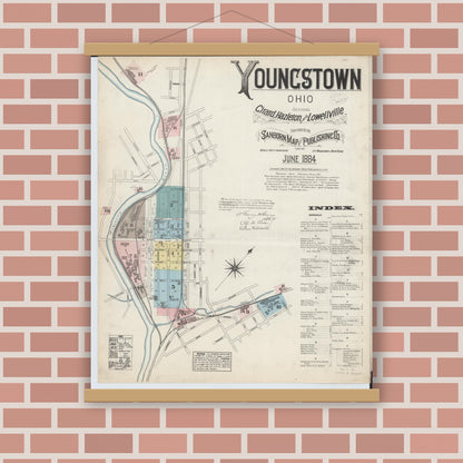 Old map wall art mockup — magnetic wood frame on brick wall — Sanborn Fire Insurance Map from Youngstown, Mahoning County, Ohio (1884), Sheet #0001