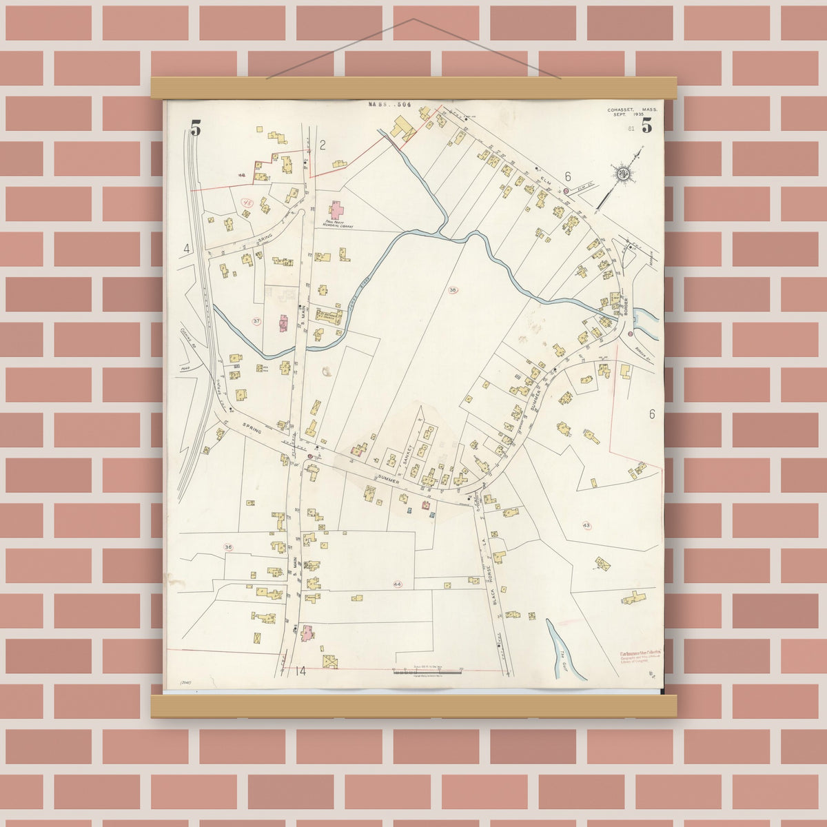 Old map wall art mockup — magnetic wood frame on brick wall — Sanborn Fire Insurance Map from Cohasset, Norfolk County, Massachusetts (1940), Sheet #0005