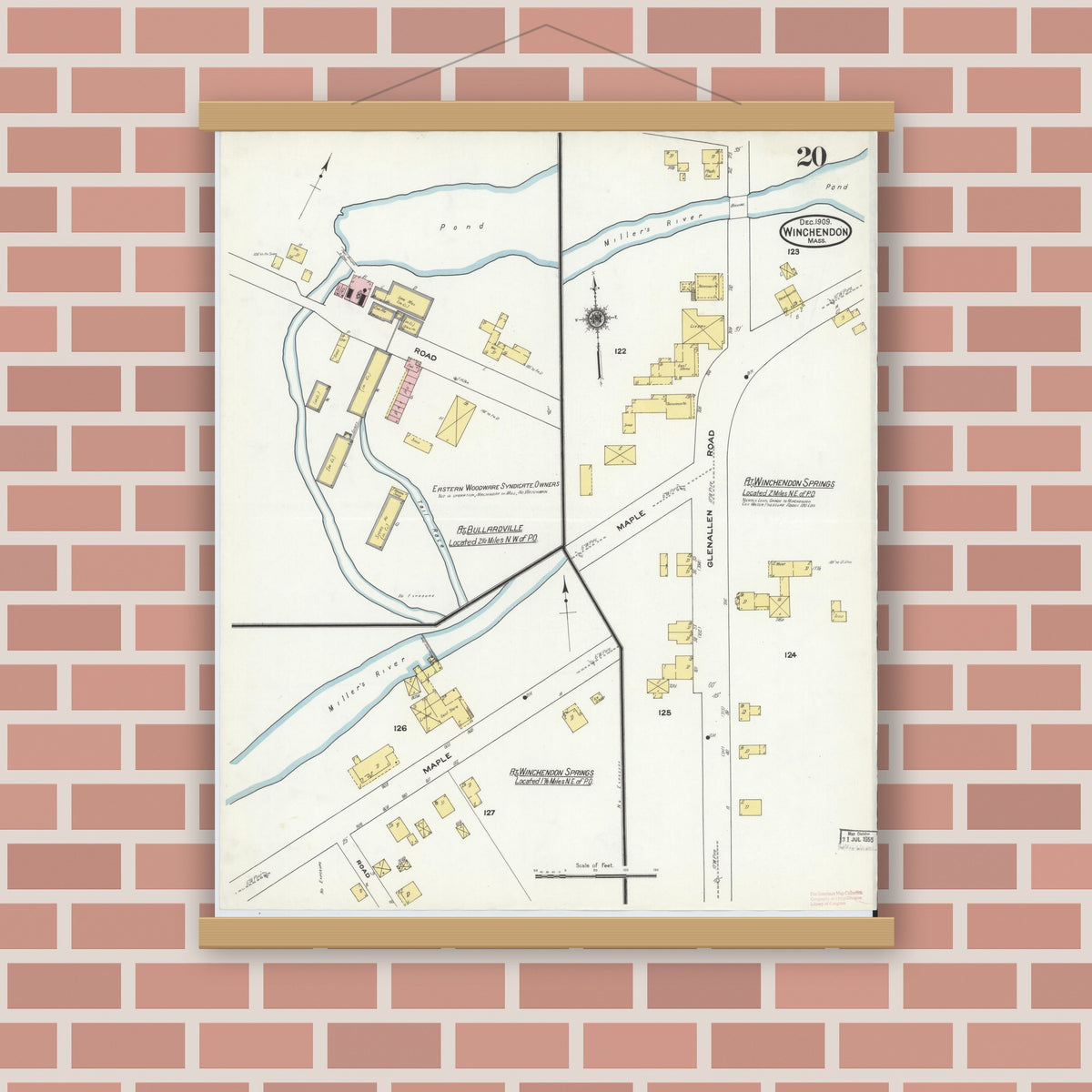 Old map wall art mockup — magnetic wood frame on brick wall — Sanborn Fire Insurance Map from Winchendon, Worcester County, Massachusetts (1909), Sheet #0020