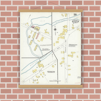 Old map wall art mockup — magnetic wood frame on brick wall — Sanborn Fire Insurance Map from Winchendon, Worcester County, Massachusetts (1909), Sheet #0020