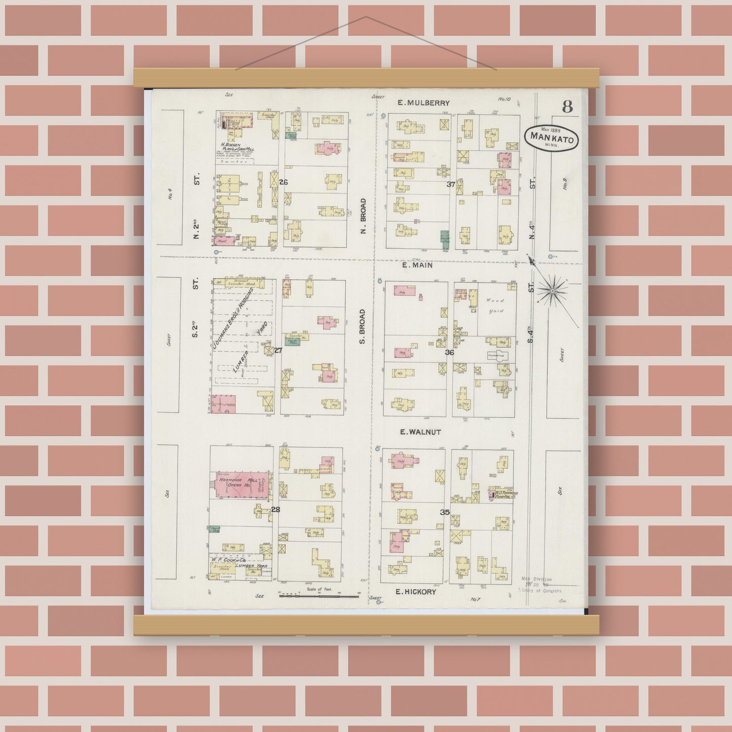 Old map wall art mockup — magnetic wood frame on brick wall — Sanborn Fire Insurance Map from Mankato, Blue Earth County, Minnesota (1889), Sheet #0008