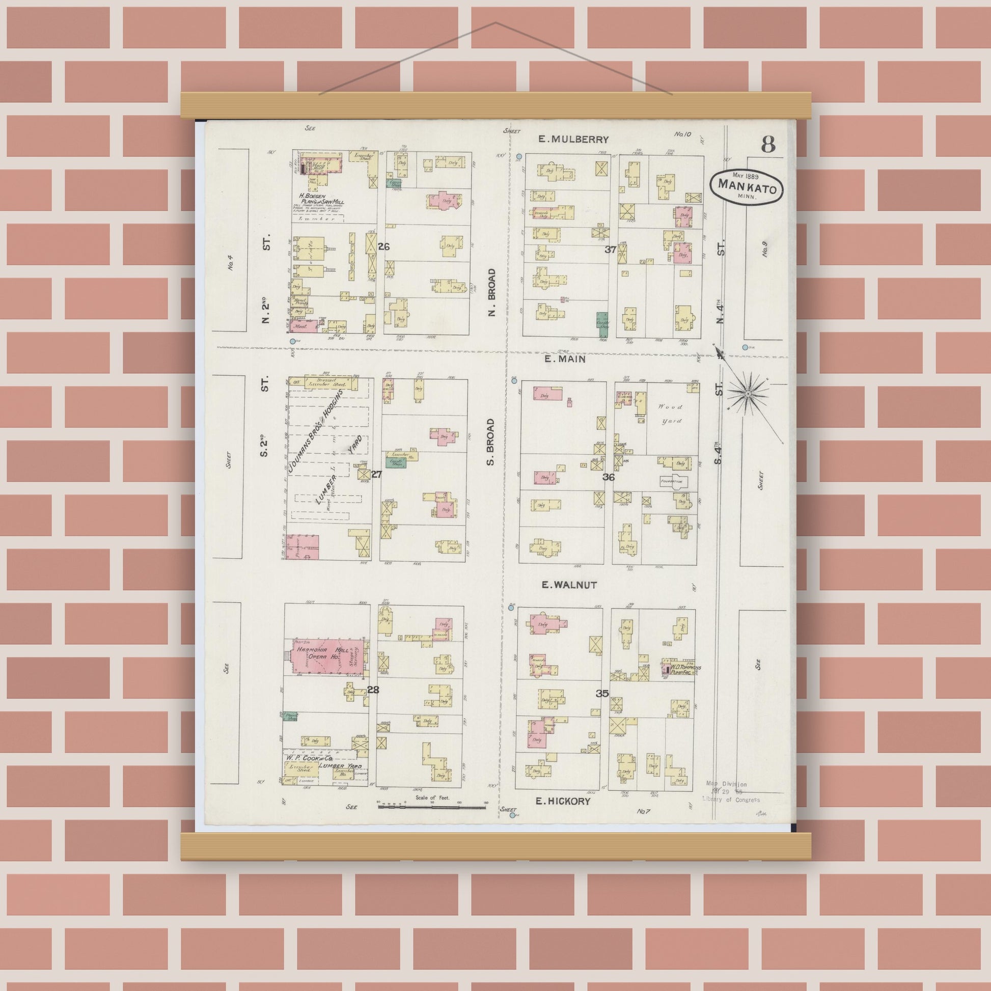 Old map wall art mockup — magnetic wood frame on brick wall — Sanborn Fire Insurance Map from Mankato, Blue Earth County, Minnesota (1889), Sheet #0008