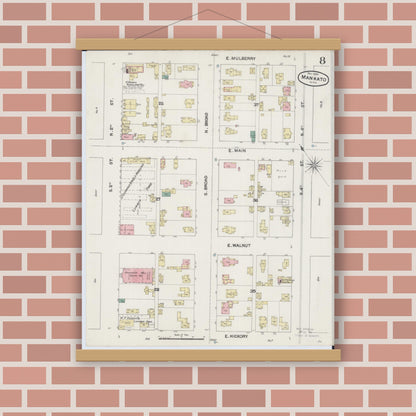 Old map wall art mockup — magnetic wood frame on brick wall — Sanborn Fire Insurance Map from Mankato, Blue Earth County, Minnesota (1889), Sheet #0008