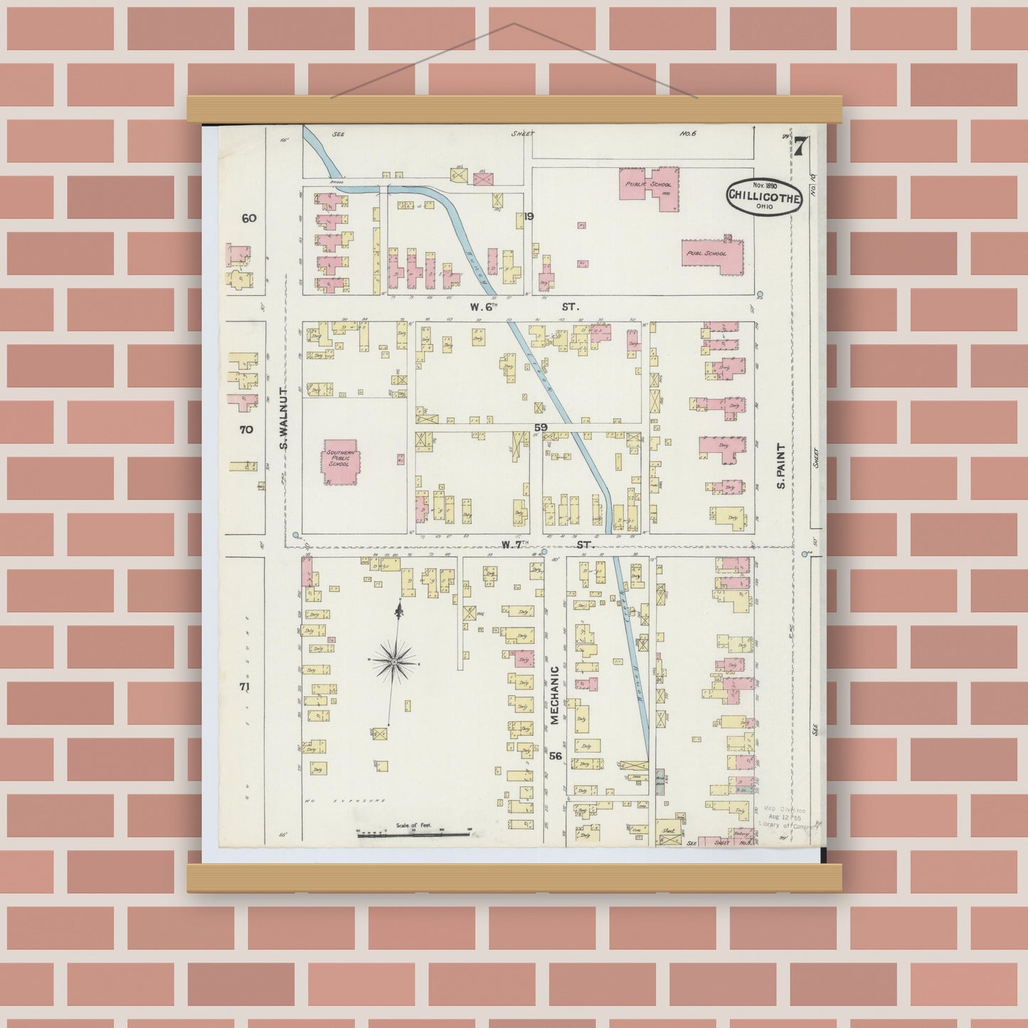 Old map wall art mockup — magnetic wood frame on brick wall — Sanborn Fire Insurance Map from Chillicothe, Ross County, Ohio (1890), Sheet #0007