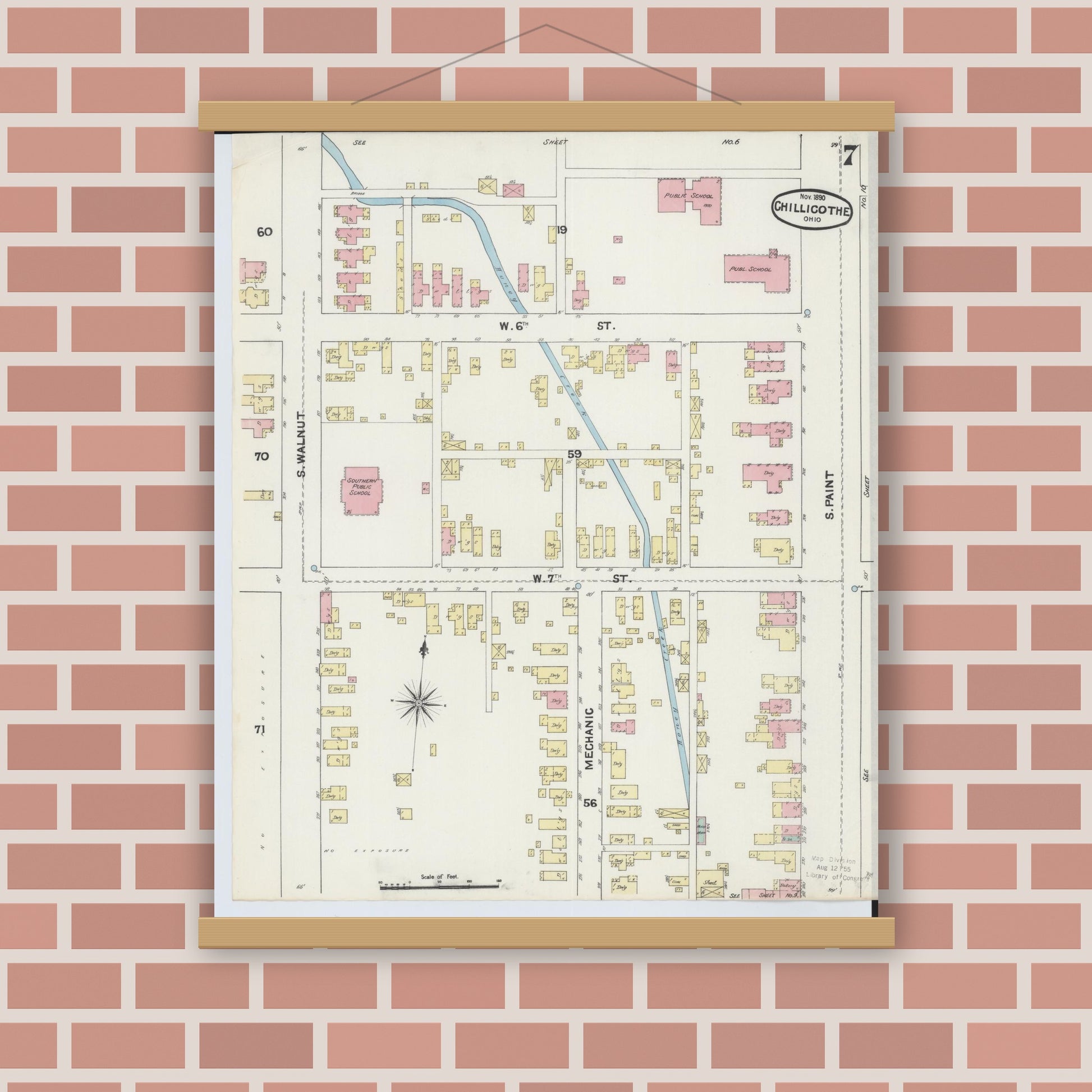 Old map wall art mockup — magnetic wood frame on brick wall — Sanborn Fire Insurance Map from Chillicothe, Ross County, Ohio (1890), Sheet #0007
