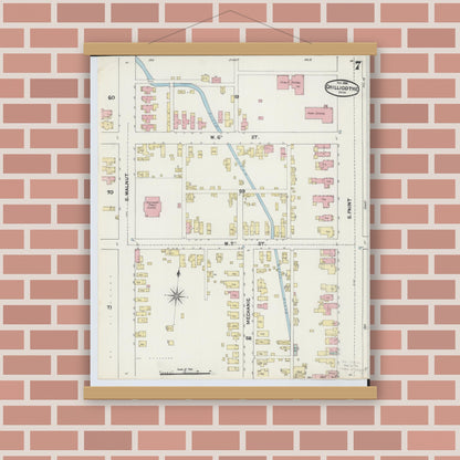 Old map wall art mockup — magnetic wood frame on brick wall — Sanborn Fire Insurance Map from Chillicothe, Ross County, Ohio (1890), Sheet #0007
