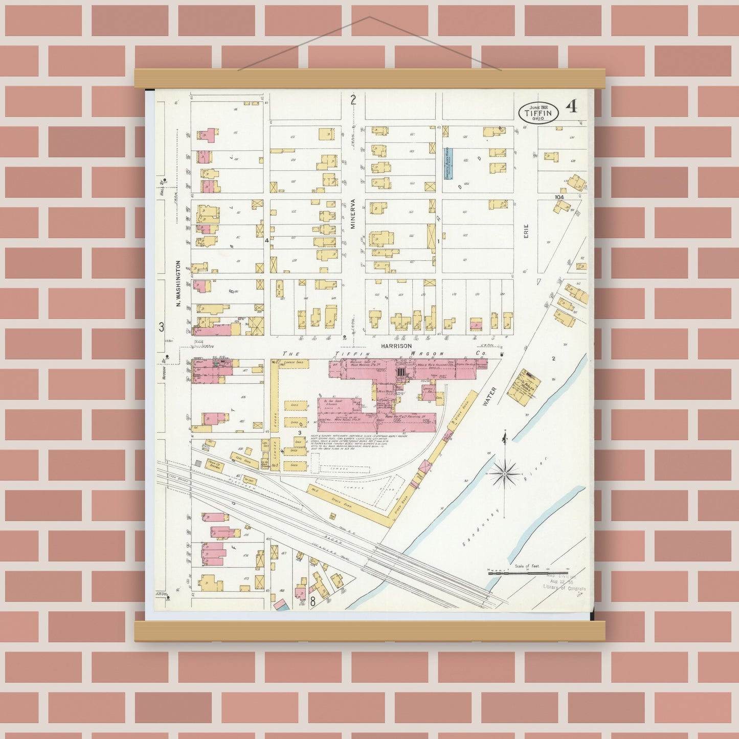 Old map wall art mockup — magnetic wood frame on brick wall — Sanborn Fire Insurance Map from Tiffin, Seneca County, Ohio (1908), Sheet #0004