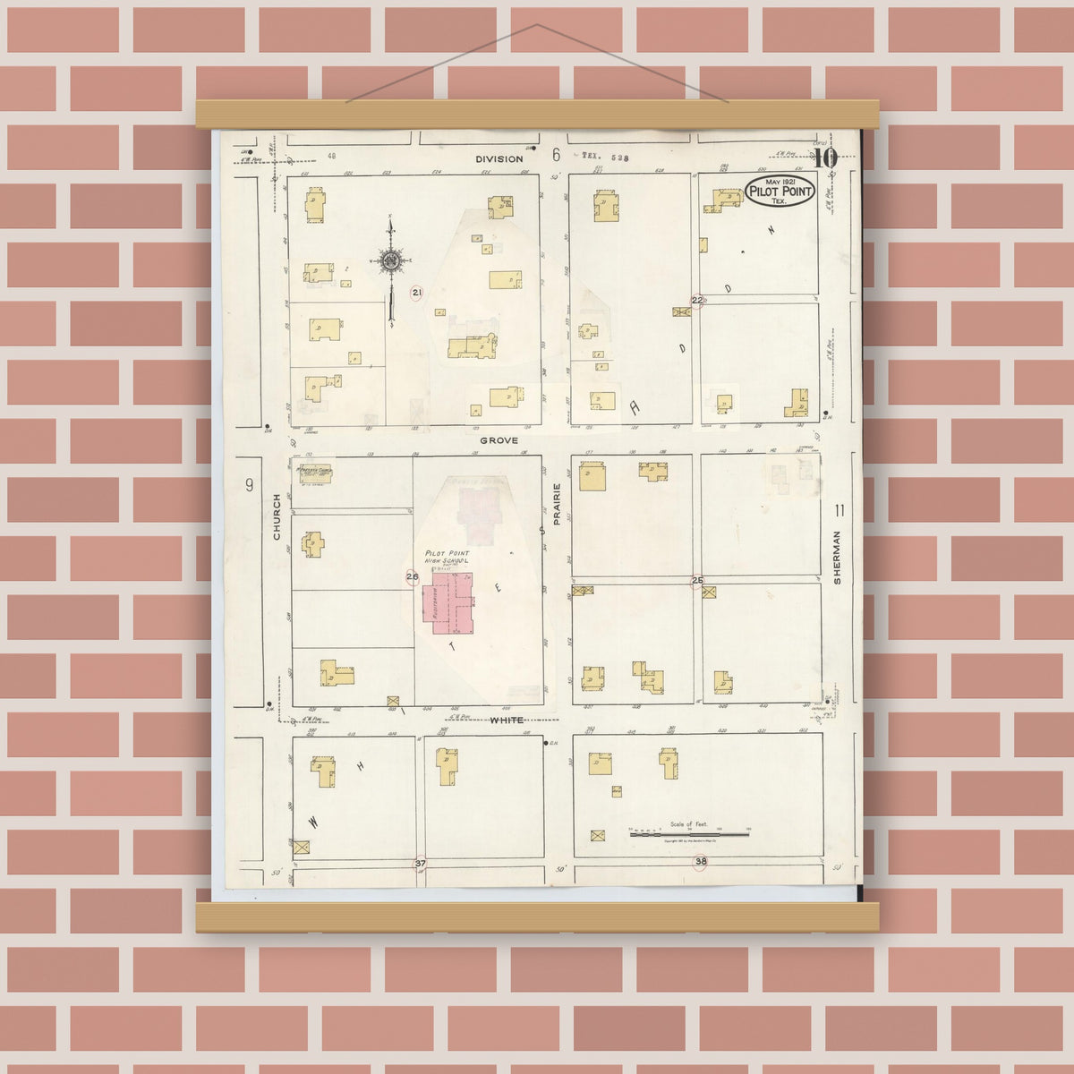 Old map wall art mockup — magnetic wood frame on brick wall — Sanborn Fire Insurance Map from Pilot Point, Denton County, Texas (1940), Sheet #0010
