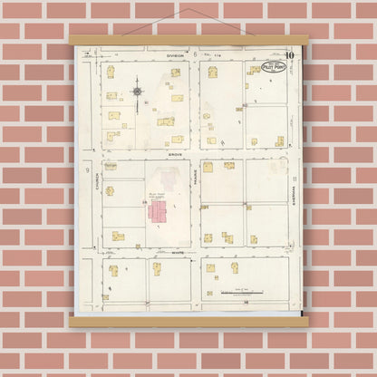Old map wall art mockup — magnetic wood frame on brick wall — Sanborn Fire Insurance Map from Pilot Point, Denton County, Texas (1940), Sheet #0010