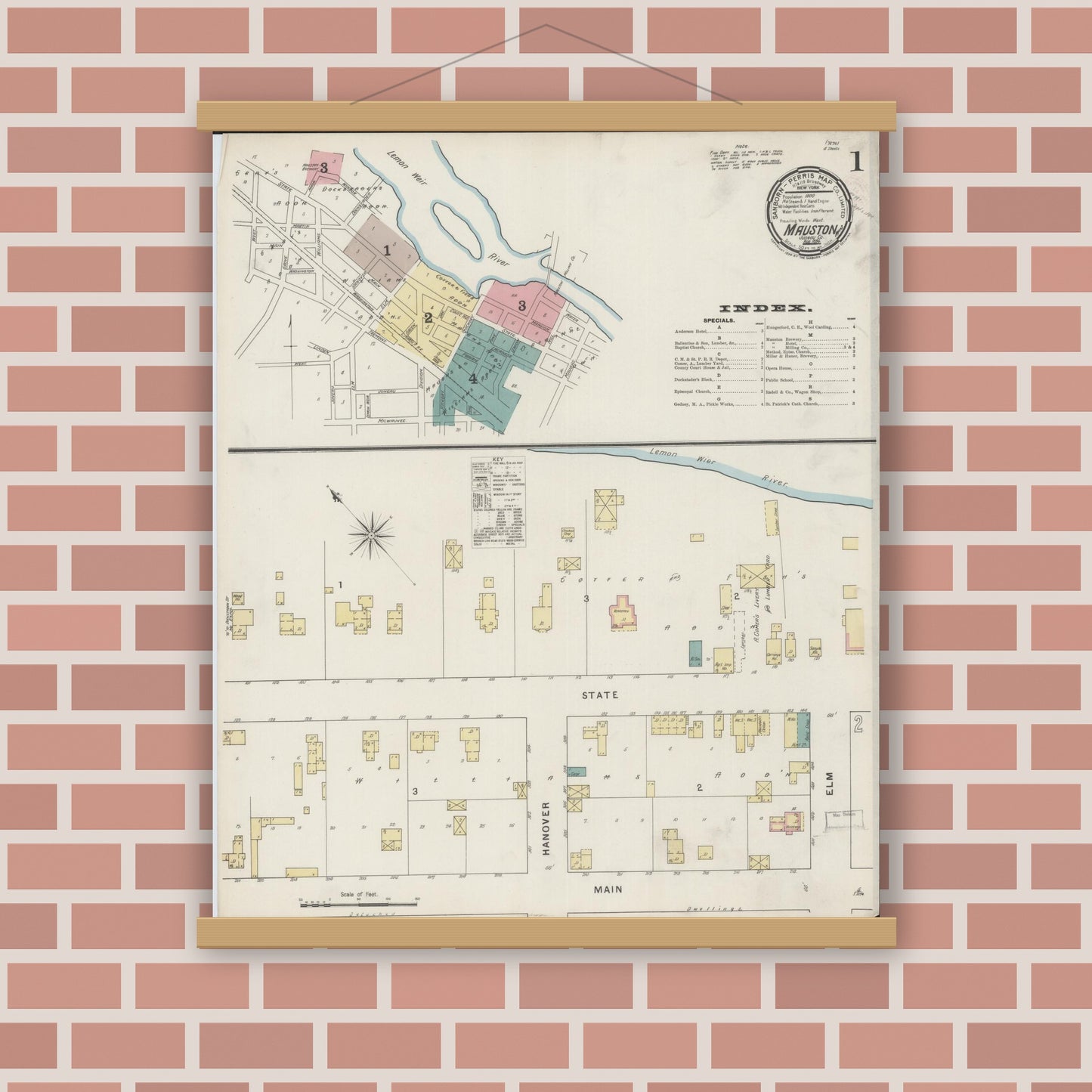 Old map wall art mockup — magnetic wood frame on brick wall — Sanborn Fire Insurance Map from Mauston, Juneau County, Wisconsin (1894) - Complete Map Set