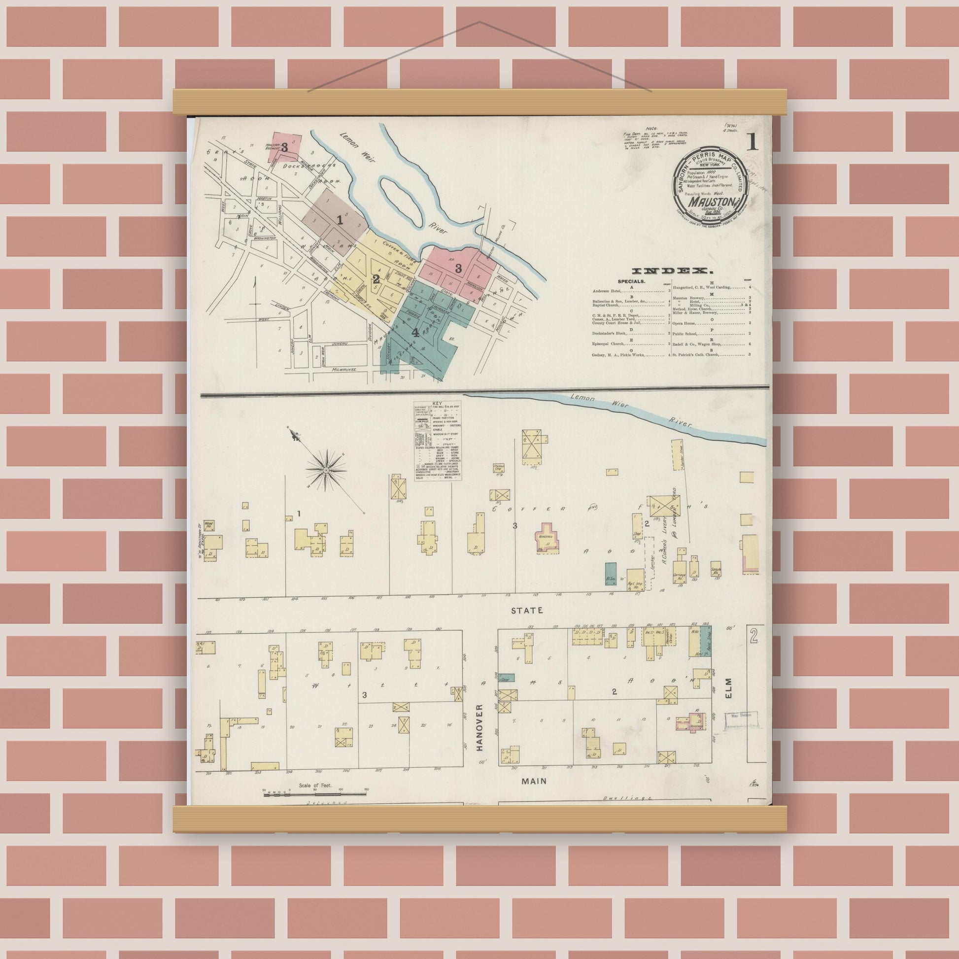 Old map wall art mockup — magnetic wood frame on brick wall — Sanborn Fire Insurance Map from Mauston, Juneau County, Wisconsin (1894) - Complete Map Set
