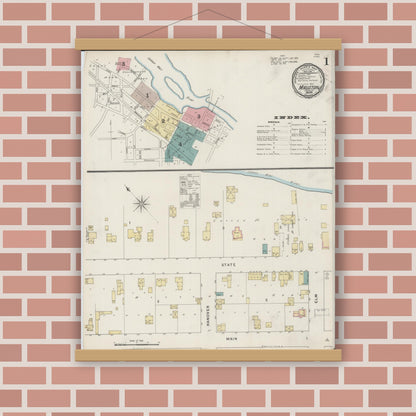 Old map wall art mockup — magnetic wood frame on brick wall — Sanborn Fire Insurance Map from Mauston, Juneau County, Wisconsin (1894) - Complete Map Set