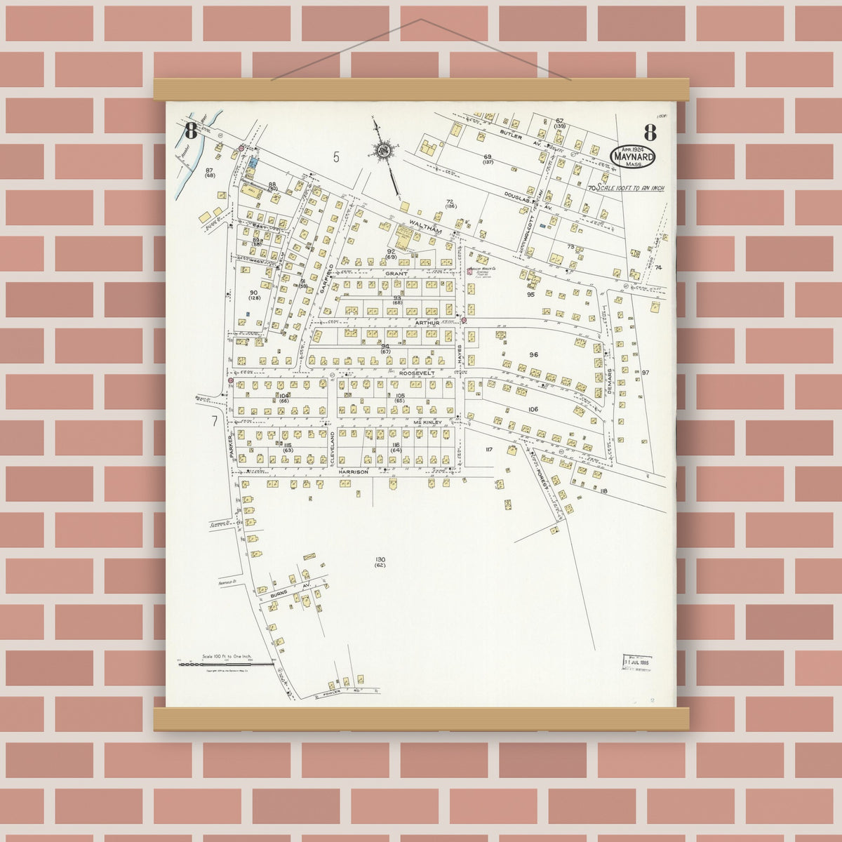 Old map wall art mockup — magnetic wood frame on brick wall — Sanborn Fire Insurance Map from Maynard, Middlesex County, Massachusetts (1924), Sheet #0008