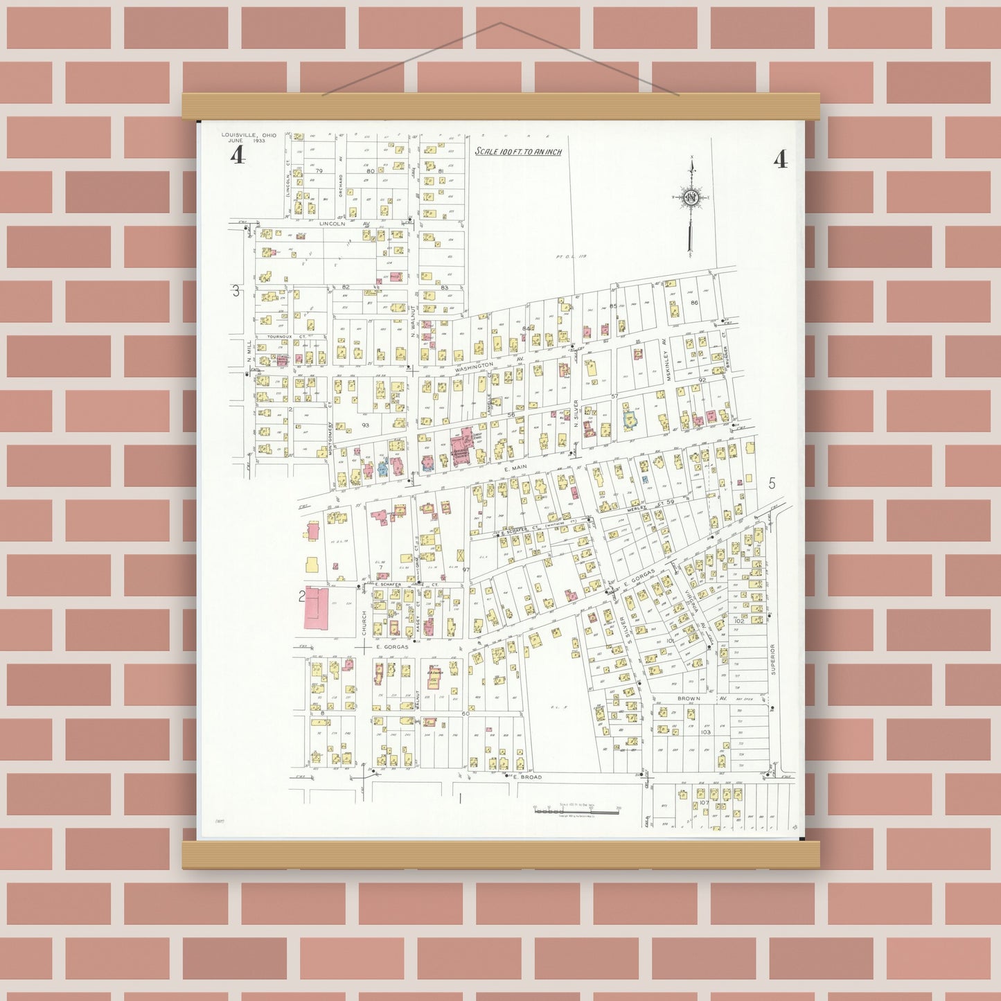 Old map wall art mockup — magnetic wood frame on brick wall — Sanborn Fire Insurance Map from Louisville, Stark County, Ohio (1933), Sheet #0004