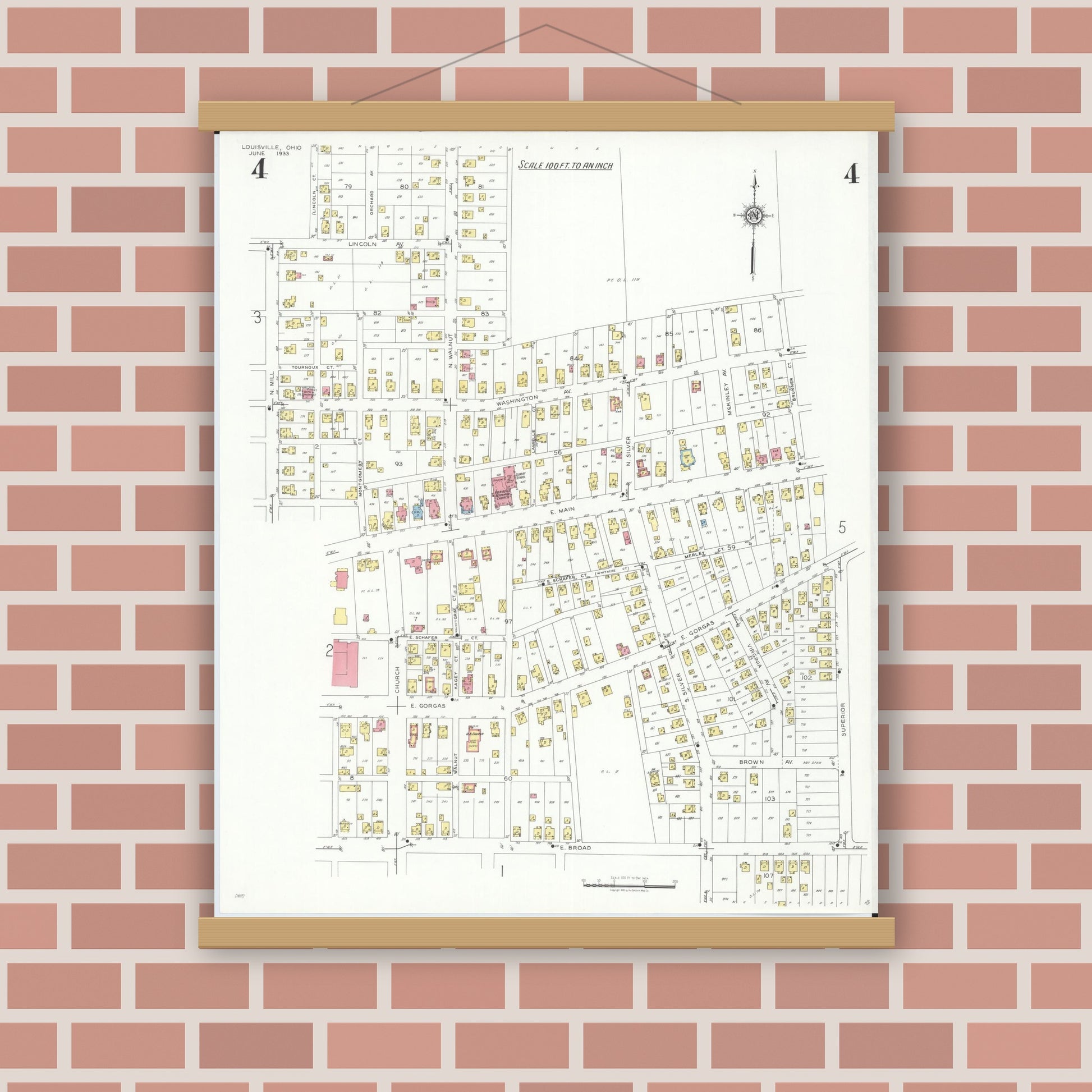 Old map wall art mockup — magnetic wood frame on brick wall — Sanborn Fire Insurance Map from Louisville, Stark County, Ohio (1933), Sheet #0004