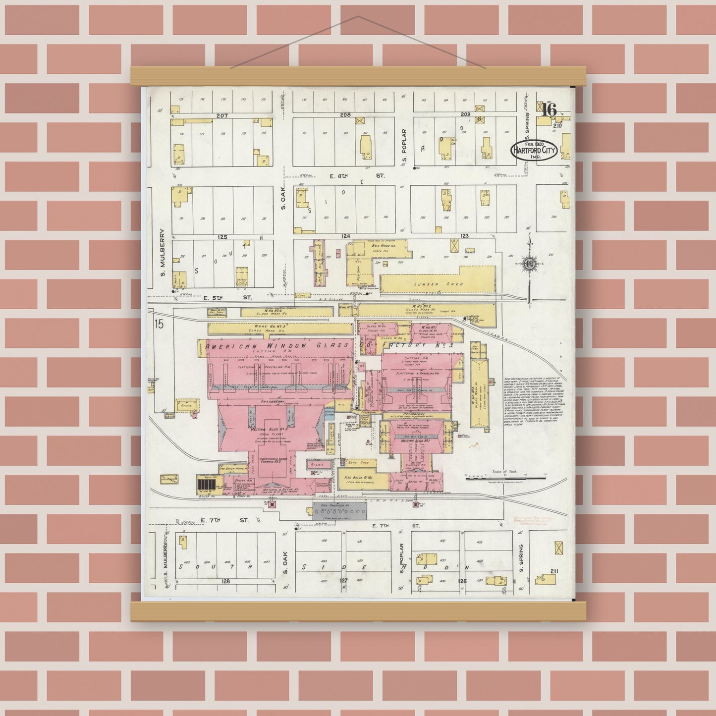 Old map wall art mockup — magnetic wood frame on brick wall — Sanborn Fire Insurance Map from Hartford City, Blackford County, Indiana (1920), Sheet #0016
