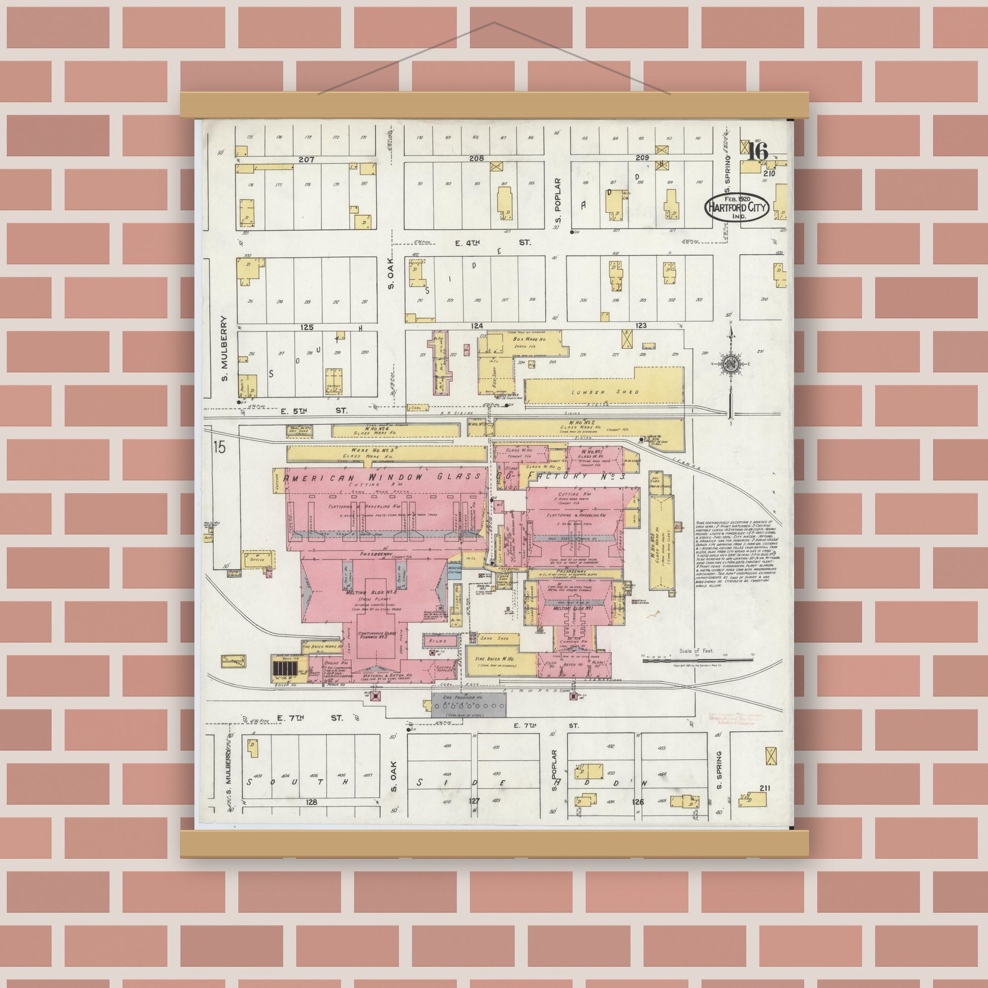 Old map wall art mockup — magnetic wood frame on brick wall — Sanborn Fire Insurance Map from Hartford City, Blackford County, Indiana (1920), Sheet #0016