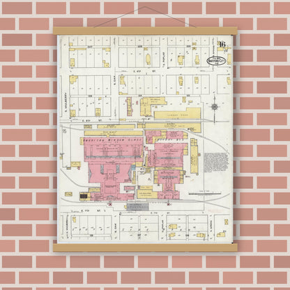 Old map wall art mockup — magnetic wood frame on brick wall — Sanborn Fire Insurance Map from Hartford City, Blackford County, Indiana (1920), Sheet #0016