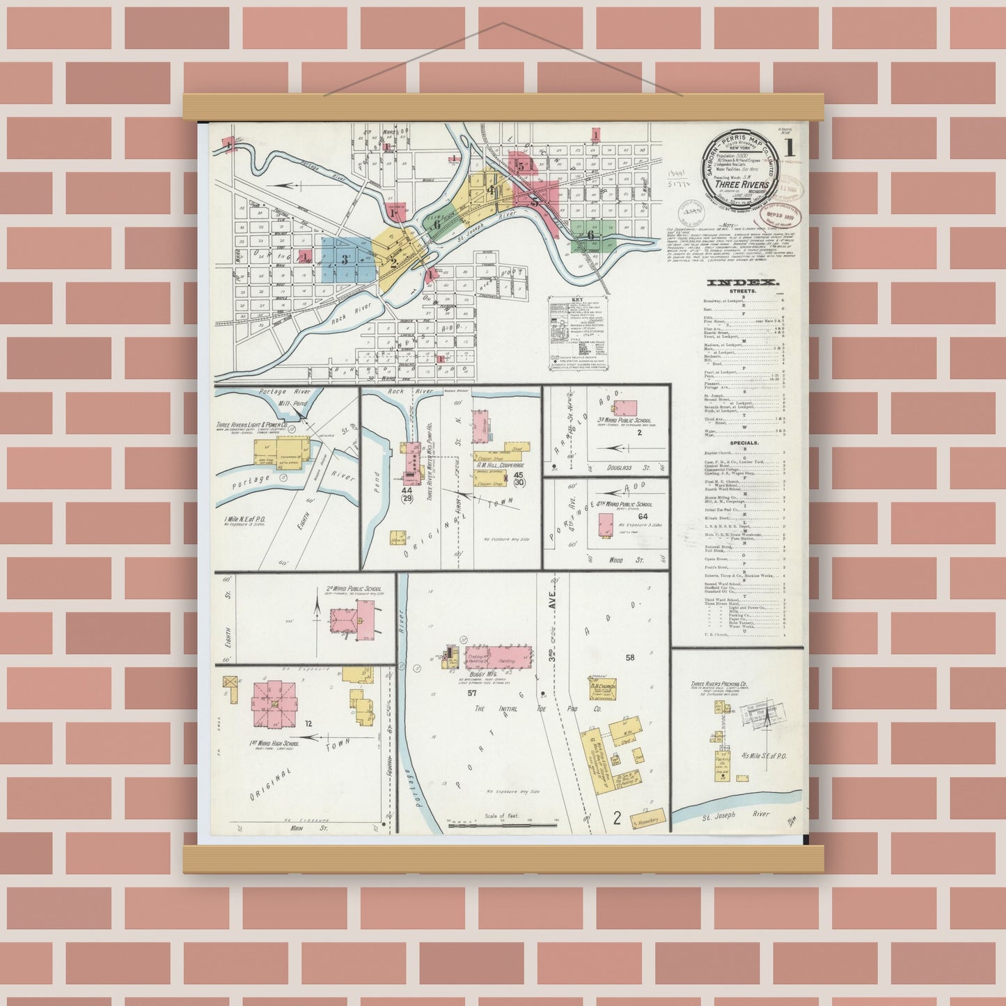Old map wall art mockup — magnetic wood frame on brick wall — Sanborn Fire Insurance Map from Three Rivers, Saint Joseph County, Michigan (1899) - Complete Map Set