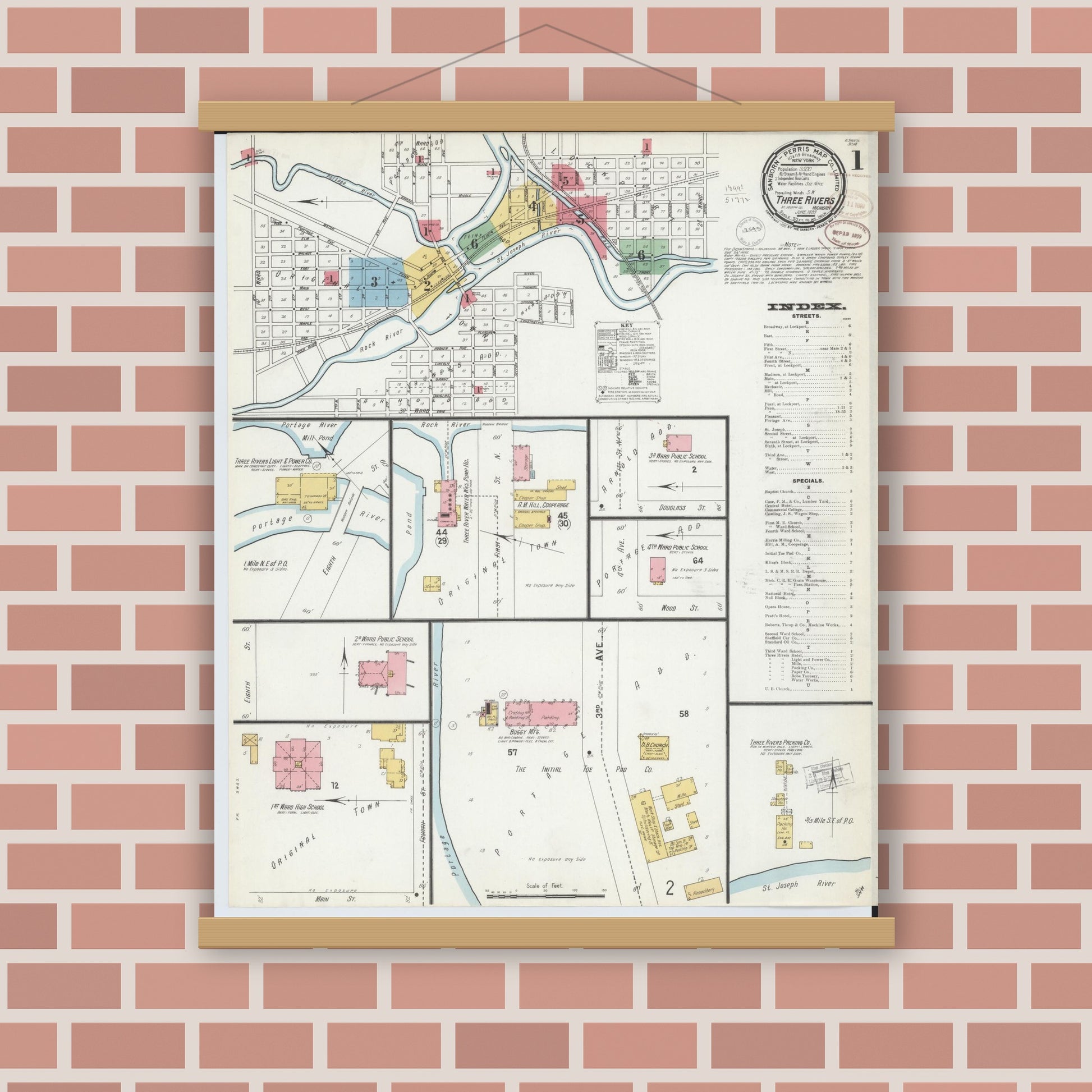 Old map wall art mockup — magnetic wood frame on brick wall — Sanborn Fire Insurance Map from Three Rivers, Saint Joseph County, Michigan (1899) - Complete Map Set