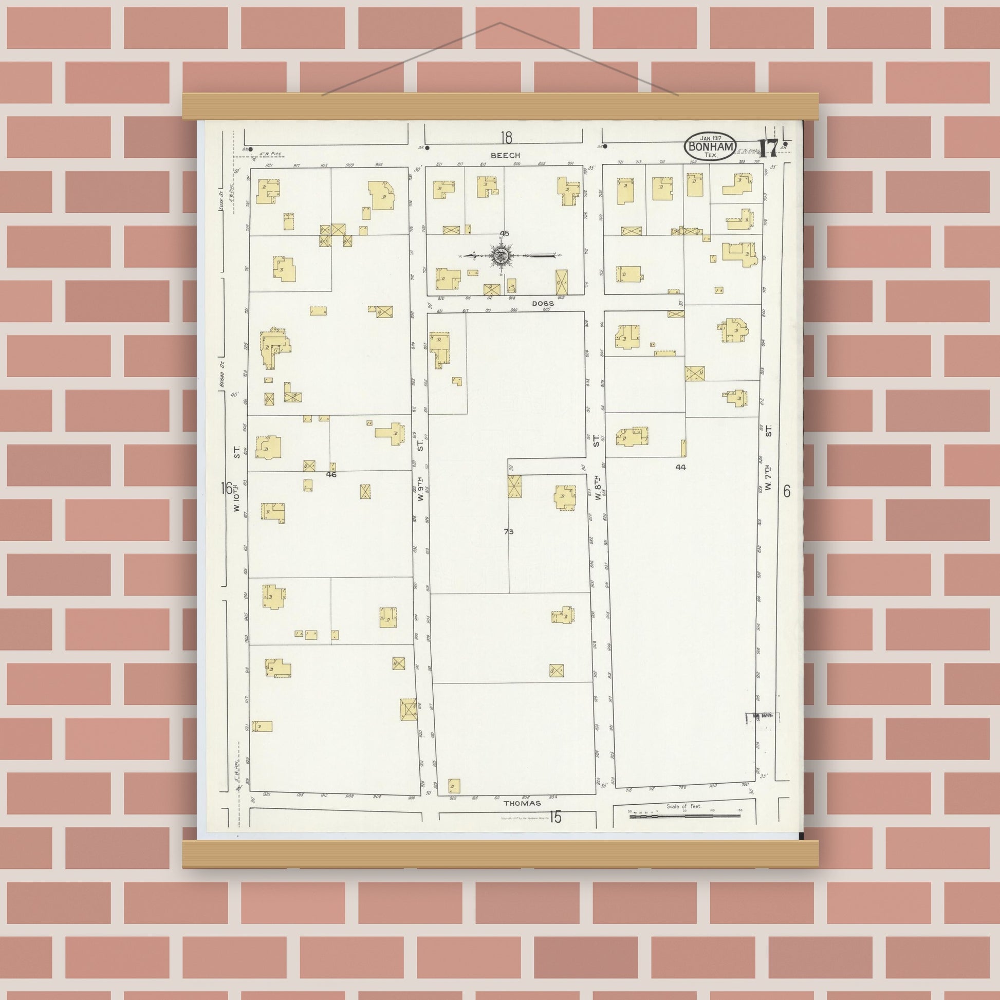 Old map wall art mockup — magnetic wood frame on brick wall — Sanborn Fire Insurance Map from Bonham, Fannin County, Texas (1917), Sheet #0017