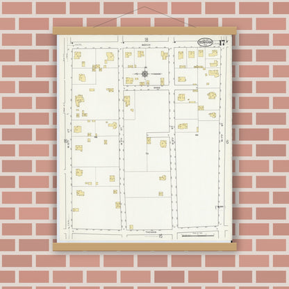 Old map wall art mockup — magnetic wood frame on brick wall — Sanborn Fire Insurance Map from Bonham, Fannin County, Texas (1917), Sheet #0017