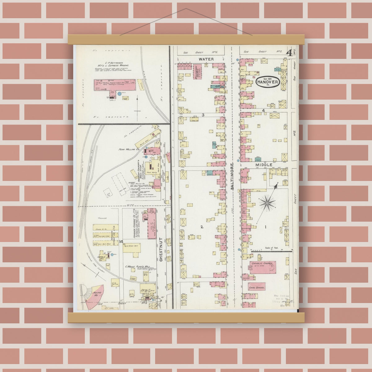 Old map wall art mockup — magnetic wood frame on brick wall — Sanborn Fire Insurance Map from Hanover, York County, Pennsylvania (1891), Sheet #0004