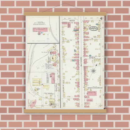 Old map wall art mockup — magnetic wood frame on brick wall — Sanborn Fire Insurance Map from Hanover, York County, Pennsylvania (1891), Sheet #0004