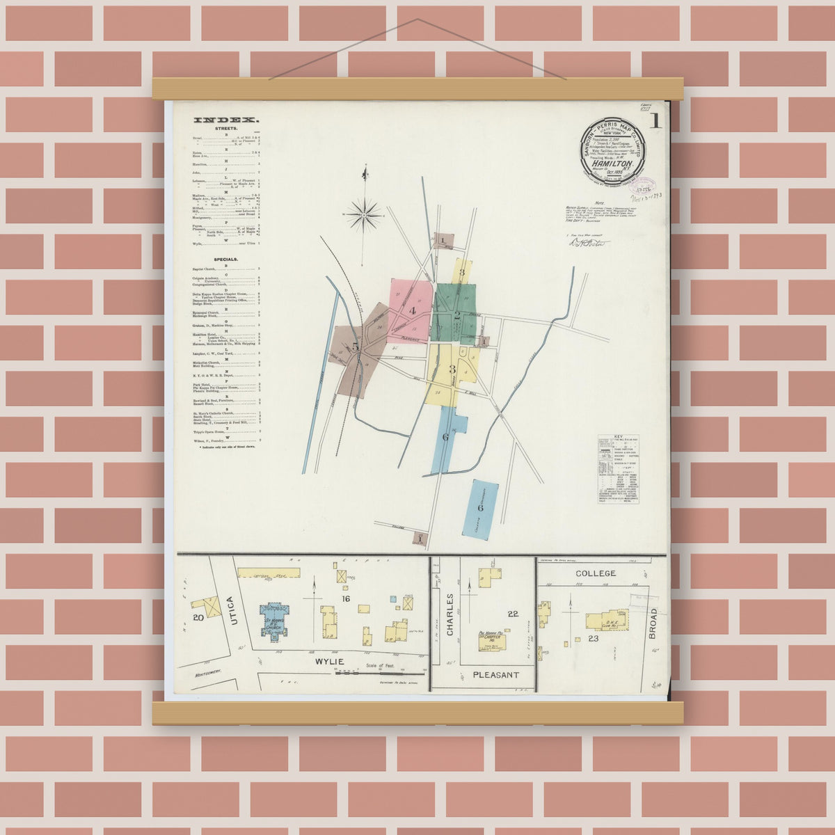 Old map wall art mockup — magnetic wood frame on brick wall — Sanborn Fire Insurance Map from Hamilton, Madison County, New York (1893), Sheet #0001