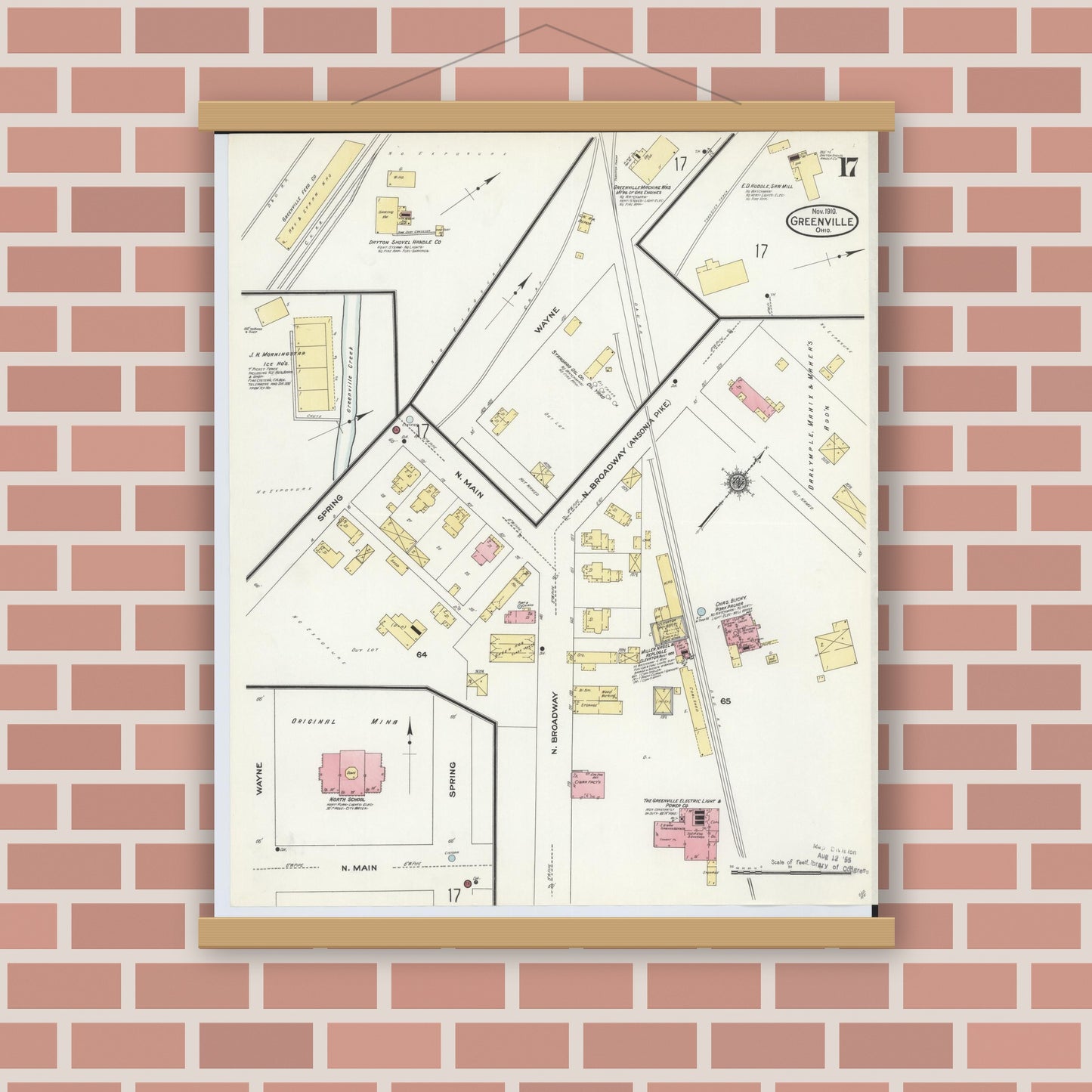Old map wall art mockup — magnetic wood frame on brick wall — Sanborn Fire Insurance Map from Greenville, Darke County, Ohio (1910), Sheet #0017