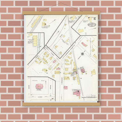 Old map wall art mockup — magnetic wood frame on brick wall — Sanborn Fire Insurance Map from Greenville, Darke County, Ohio (1910), Sheet #0017