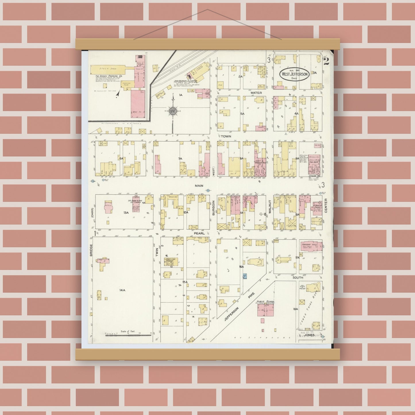 Old map wall art mockup — magnetic wood frame on brick wall — Sanborn Fire Insurance Map from West Jefferson, Madison County, Ohio (1910), Sheet #0002