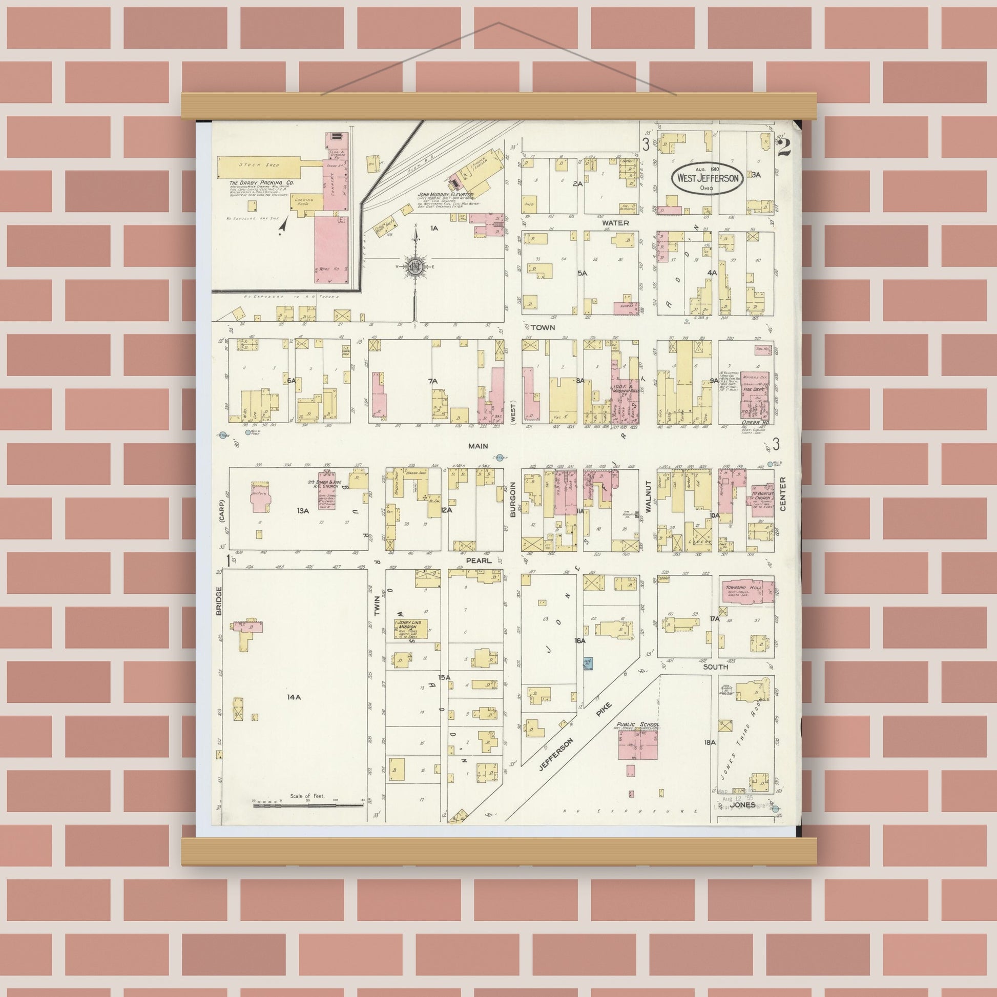 Old map wall art mockup — magnetic wood frame on brick wall — Sanborn Fire Insurance Map from West Jefferson, Madison County, Ohio (1910), Sheet #0002